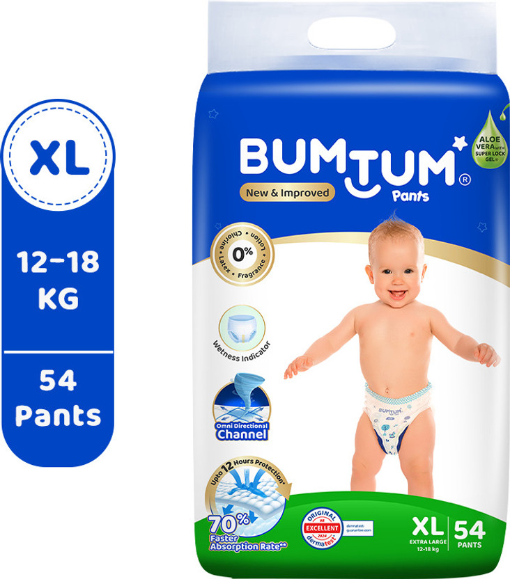 BUMTUM Baby Diaper Pants Double Layer Leakage Protection High Absorb Technology - XL(54 Pieces)