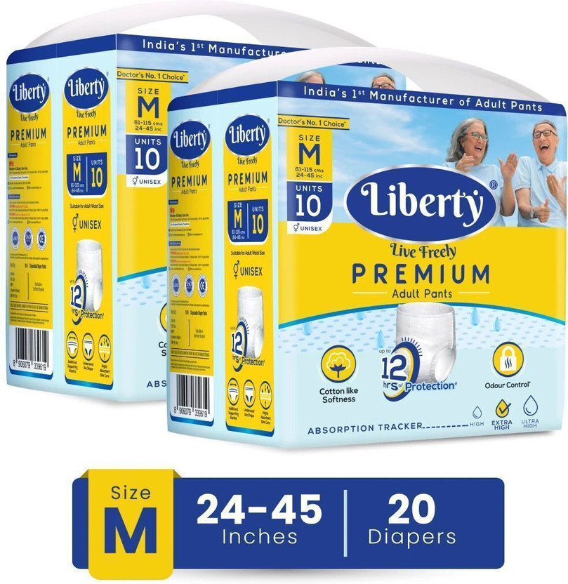 Liberty Premium Pants Unisex, Waist Size (61-115 cm | 24-45 Inches) (Pack of 2) Adult Diapers - M(20 Pieces)