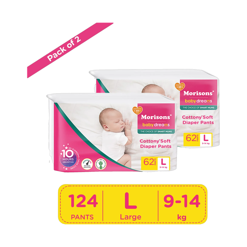 Morisons Morisons Baby Dreams Cottony Soft Pant Diapers - L(124 Pieces) - Flipkart Deal