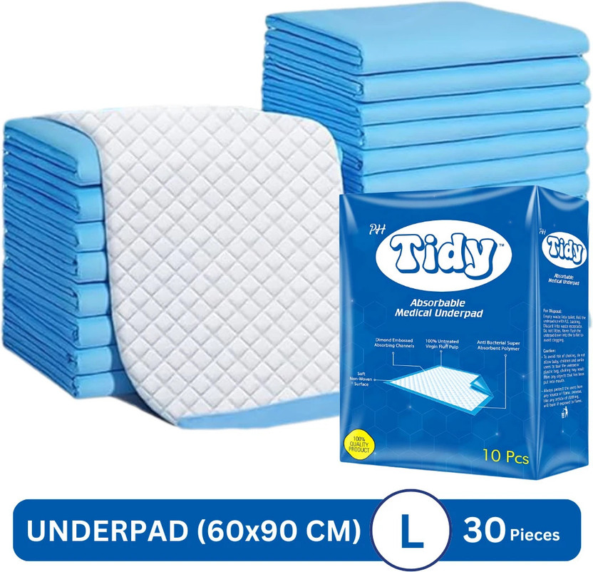 PH TIDY Disposable, Soft and Super Absorbent Underpads | (60x90 CM) | Pack of 3 | Adult Diapers - L(30 Pieces)