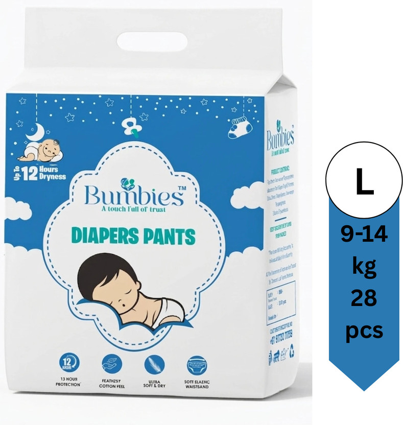 bumbies Stretchable Fit Infant Pants Diapers L 28 pcs Long Lasting Dryness Pant Diapers - L(28 Pieces)