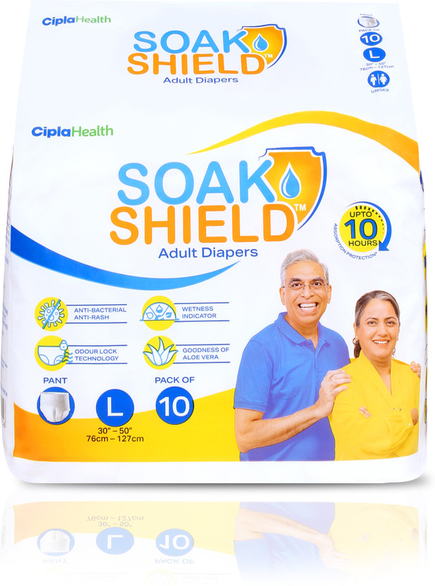 Soak Soak Shield Premium pant type Adult diaper Waist size 30-50in(76-127cm) Adult Diapers - L(10 Pieces) - Flipkart Deal