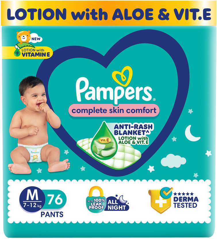 Pampers Complete Skin Comfort Pants, Anti-rash blanket, Lotion with VitaminE & Aloe Vera - M(76 Pieces)