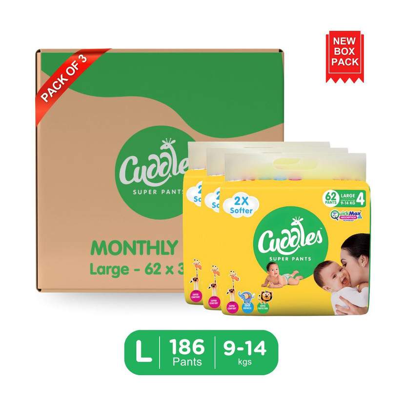 Cuddles - Super Pants 2X Softer Super Dry (Pack of 3) Pant Diapers - L(186 Pieces)