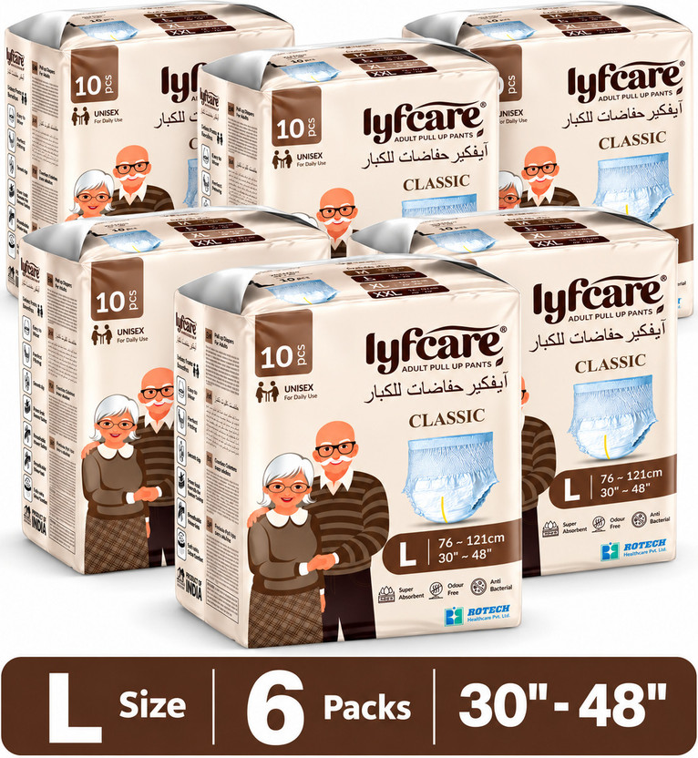 lyfcare Classic Pull-Up Pants | Waist Size (30-48 Inch) Adult Diapers - L(60 Pieces)