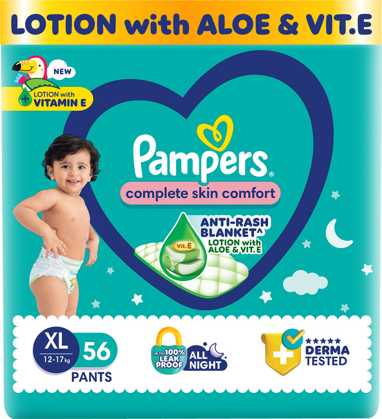 Pampers Complete Skin Comfort Pants, Anti-rash blanket, Lotion with VitaminE & Aloe Vera - XL(56 Pieces)