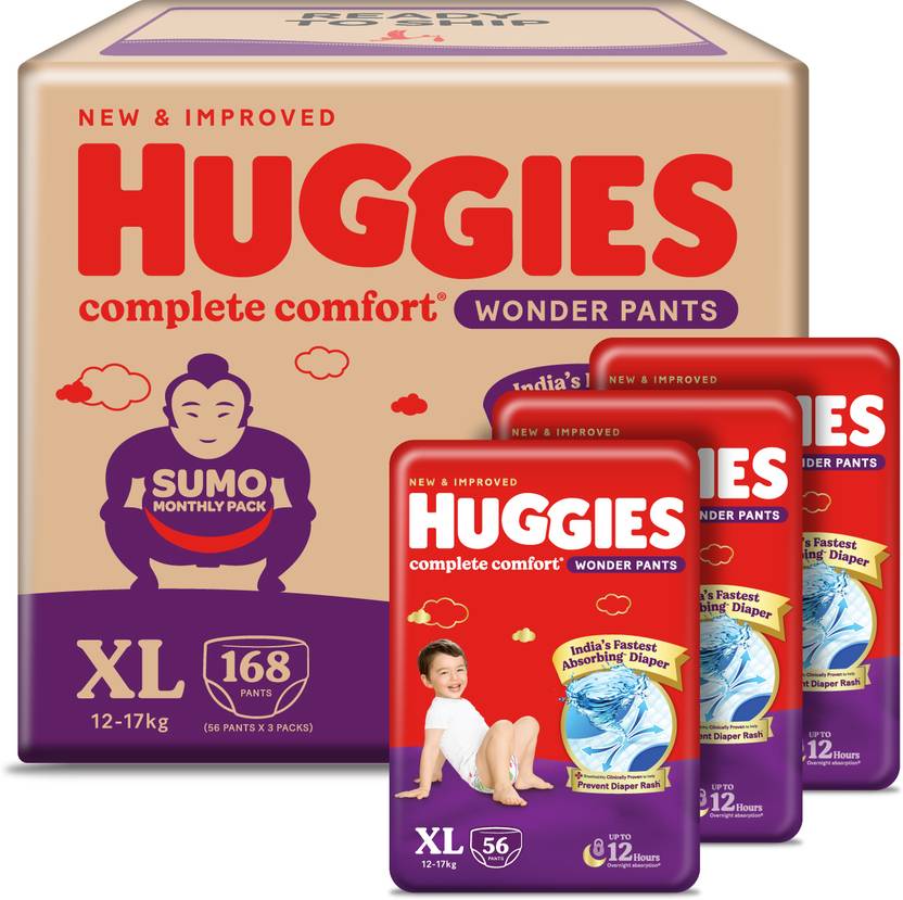 Huggies Complete Comfort Wonder Pants, India's Fastest Absorbing Diaper | - XL 168 Pieces