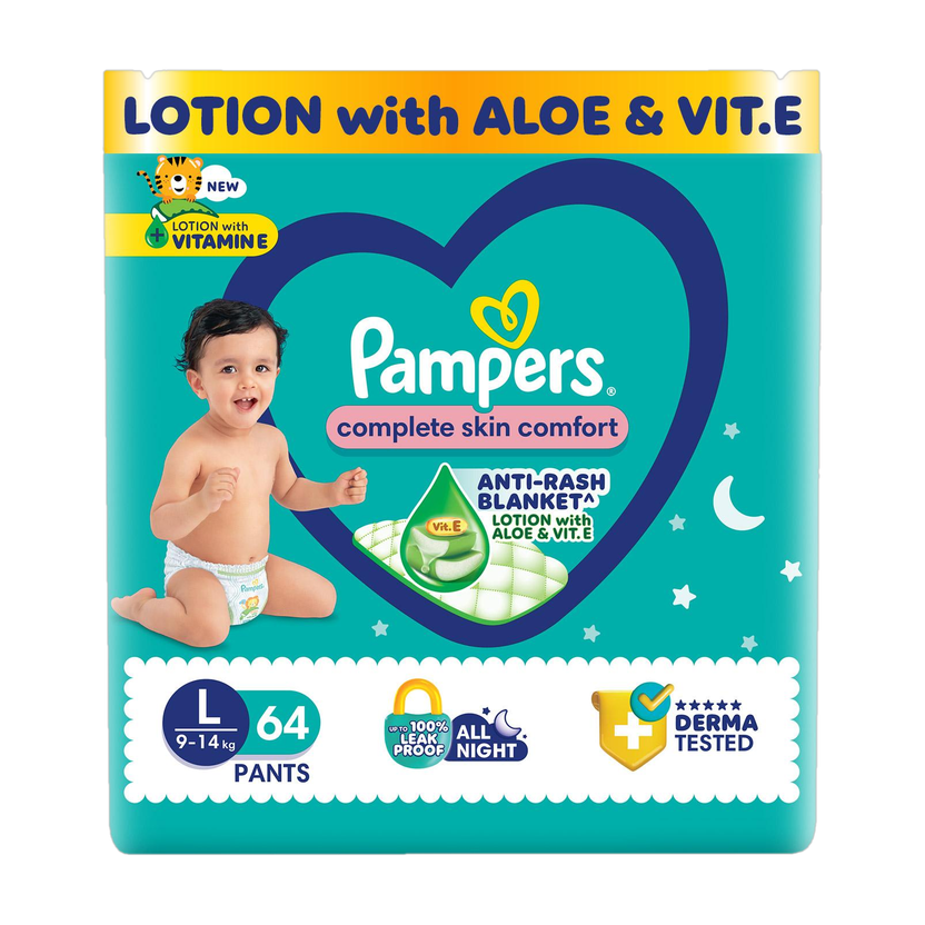 Pampers Complete Skin Comfort with VitaminE & Aloe Vera Lotion Pant Diapers - L(64 Pieces)