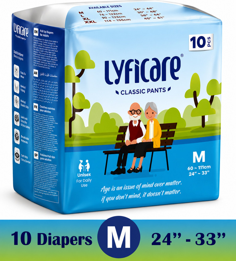 lyficare Classic Pants | Waist Size (24-44 Inch) Adult Diapers - M(10 Pieces)