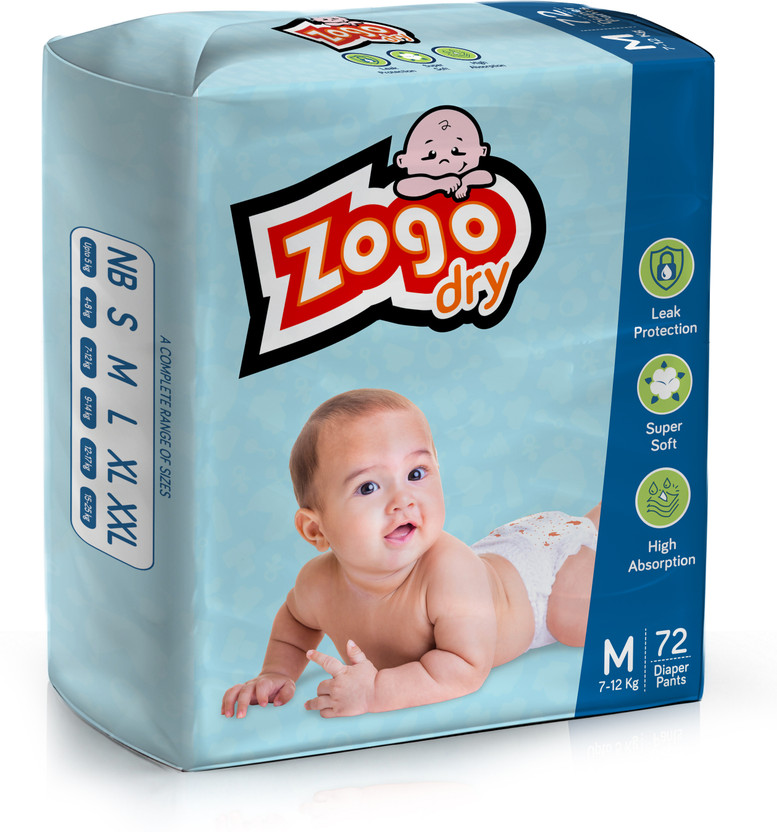 Zogo Dry Baby Diaper Pants Medium Size (M), with Aloe Vera, 72 Count, 7 to 12Kg Pant Diapers - M(72 Pieces)