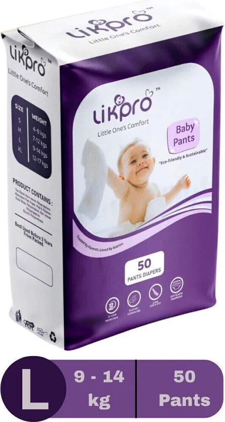 Likpro Premium Baby Diapers | Hypoallergenic, Super Absorbent, Leak-Proof Diapers - L(50 Pieces)
