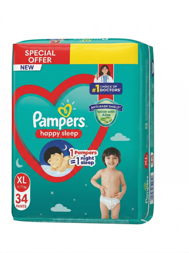 Pampers Happy Sleep Pant Style Baby Diaper, 1 Night Sleep with Anti Rash Shield - XL(34 Pieces)