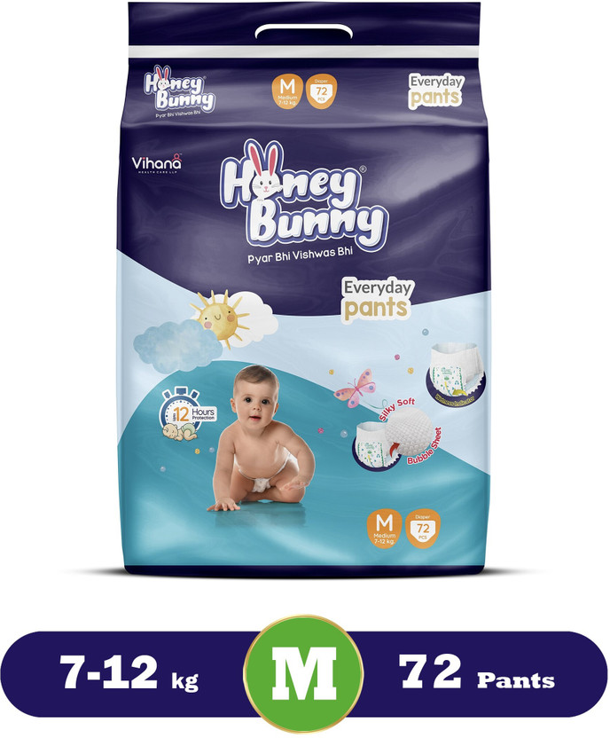 HONEY BUNNY Baby Diaper Pants with bubble top sheet| Extra Soft | 12 Hour protection - M(72 Pieces)