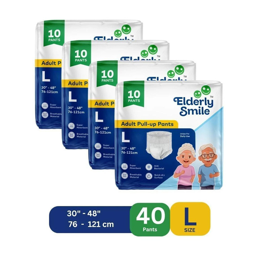 Elderly Smile Super Absorbent Premium Pull Up Pants | Waist Size (30"-48") | Pack of 4 Adult Diapers - L(40 Pieces)