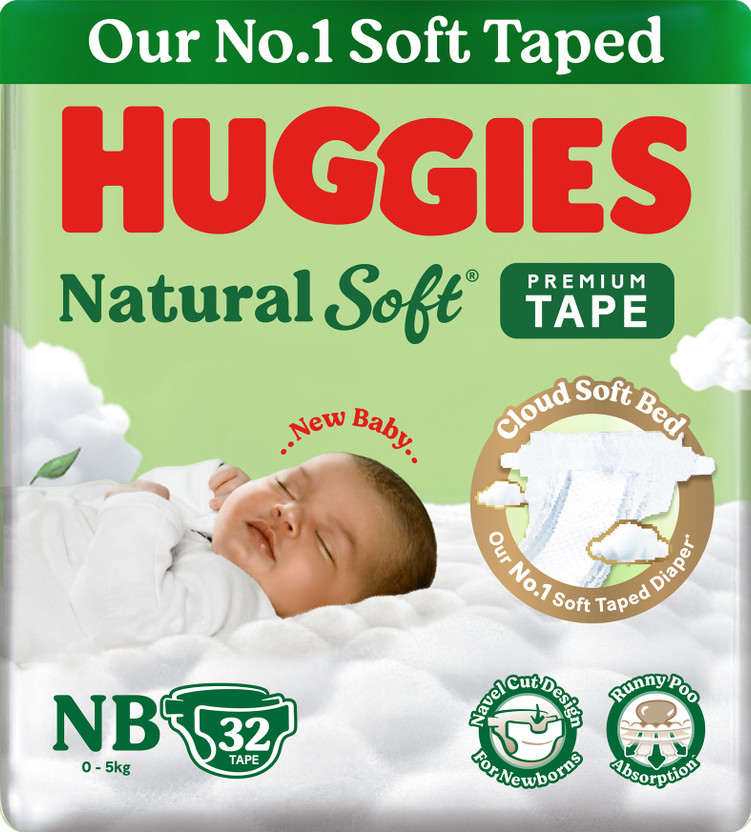 Huggies Natural Soft Premium Tape Diapers Newborn- Upto 5 kgs, NB-32 pcs Tape Diapers - New Born(32 Pieces)