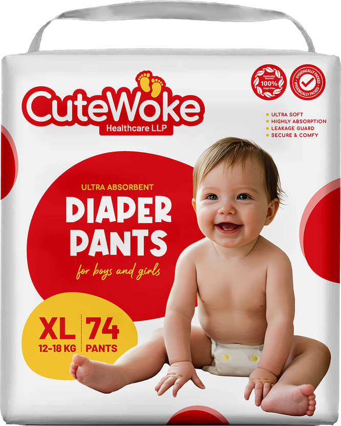 CUTEWOKE HEALTHCARE LLP Hypoallergenic Baby Diapers 74, Double Leakage Protection, Skin Friendly Pant Diapers - XL(74 Pieces)