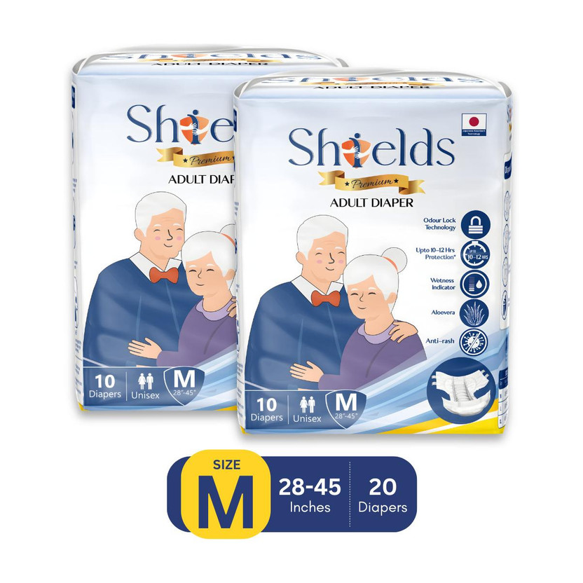 Shields Premium Tape Style | Pack of 2 | Adult Diapers - M(20 Pieces)