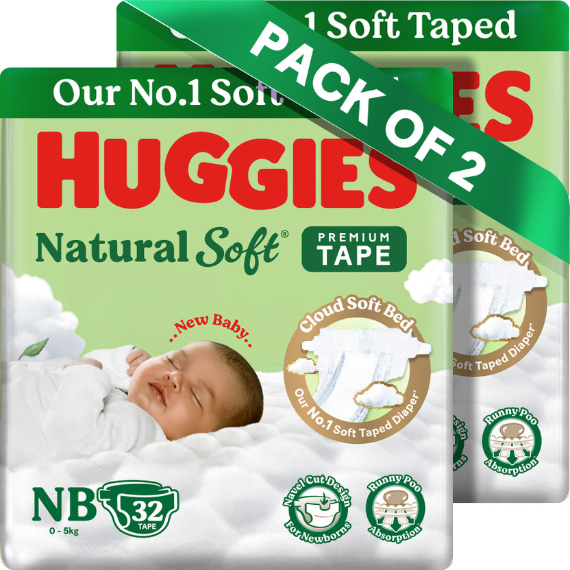 Huggies Natural Soft Premium Tape Diapers Newborn- Upto 5 kgs, NB (32X2) ,64 pcs Tape Diapers - New Born(64 Pieces)