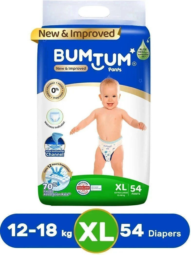 BUMTUM Baby Diaper Pants Double Layer Leakage Protection High Absorb Technology - XL(54 Pieces)