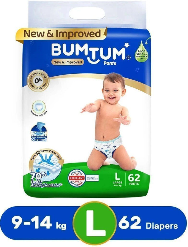 BUMTUM Baby Diaper Pants Double Layer Leakage Protection High Absorb Technology - L(62 Pieces)