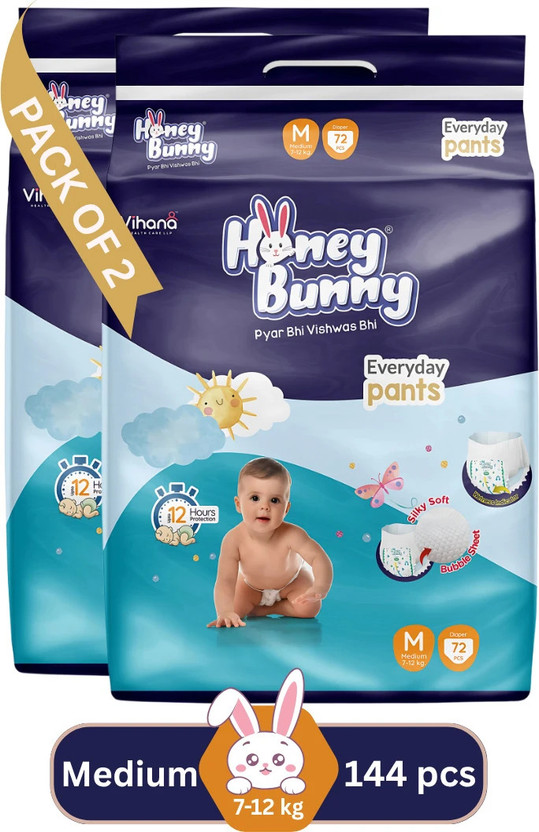 HONEY BUNNY Baby Diaper Pants with bubble top sheet| Extra Soft | 12 Hour protection - M(144 Pieces)