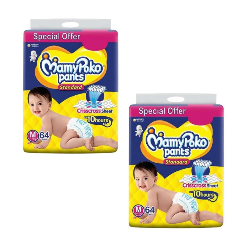 MamyPoko Standard Baby Diaper Pants, Crisscross Sheet, Size Medium (Pack of 2) Pant Diapers - M(128 Pieces)