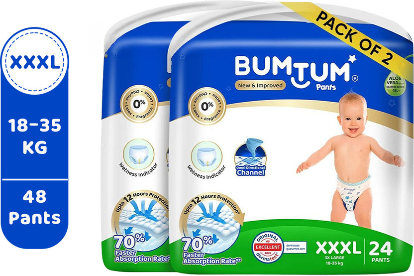 BUMTUM BUMTUM Baby Diaper Pants Double Layer Leakage Protection High Absorb Technology Pant Diapers - XXXL(48 Pieces) - Flipkart Deal