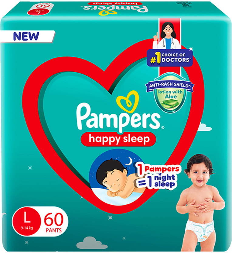 Pampers Happy Sleep Pant Style Baby Diapers, Large (L), 60 Count Pant Diapers - L(60 Pieces)