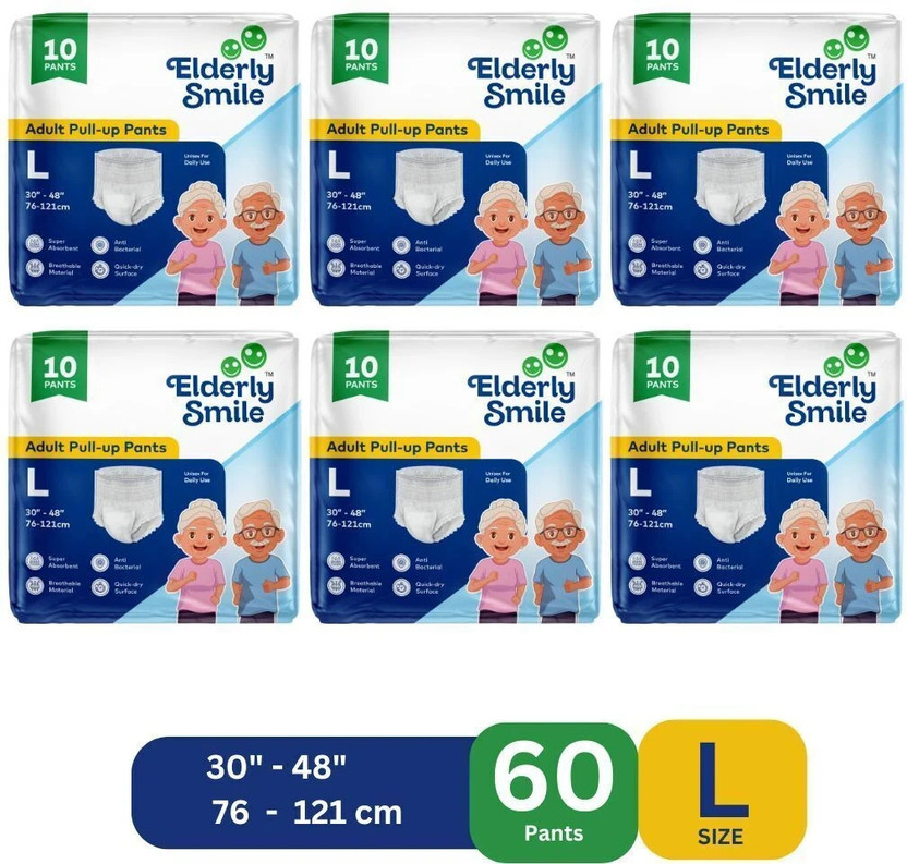 Elderly Smile Super Absorbent Premium Pull Up Pants | Waist Size (30"-48") | Pack of 6 Adult Diapers - L(60 Pieces)