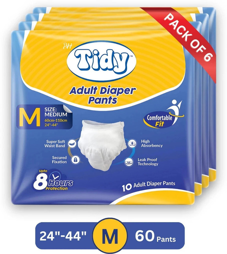PH TIDY Pants Style Super Absorbent and Leak Proof | Unisex | Waist Size (24"-44") Adult Diapers - M(60 Pieces)