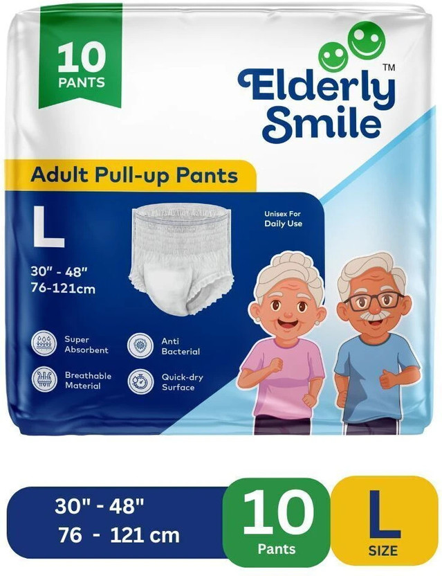 Elderly Smile Super Absorbent Premium Pull Up Pants | Waist Size (30"-48") | Adult Diapers - L(10 Pieces)