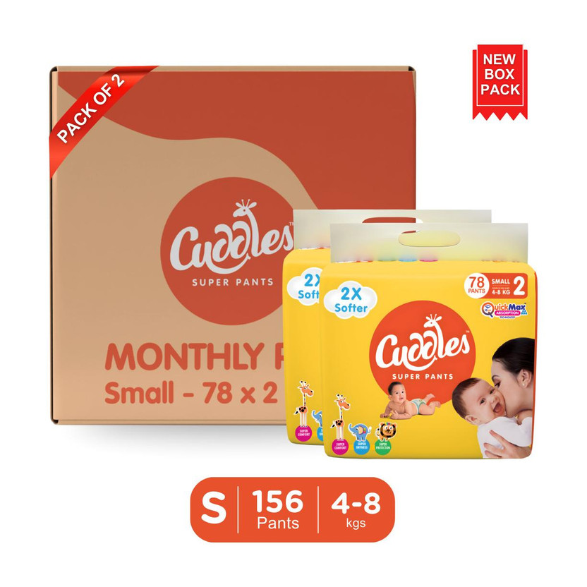 Cuddles - Super Pants Baby Diaper 2X Softer Super Dry Comfort Quick Max Absorption Upto 12 Hrs Pant Diapers - S(156 Pieces)