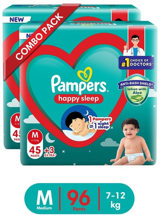 Pampers Medium Size Baby Diaper 96 Pieces, Extra Absorbing Power Pant Diapers - M(96 Pieces)