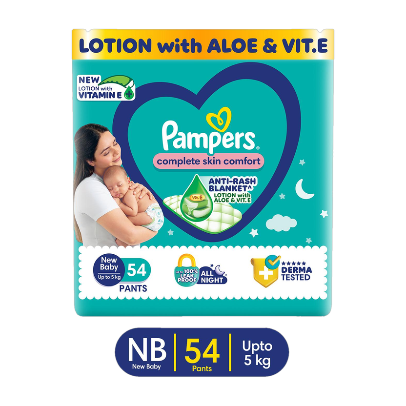 Pampers Complete Skin Comfort with VitaminE & Aloe Vera Lotion Pant Diapers - New Born(54 Pieces)