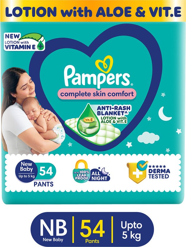 Pampers Complete Skin Comfort Pants, Anti-rash blanket, Lotion with VitaminE & Aloe Vera - New Born(54 Pieces)