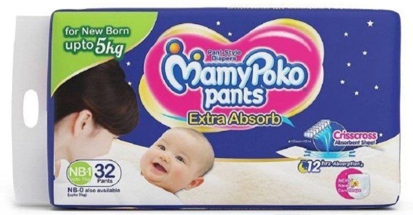 MamyPoko Pants Extra Absorb Diaper- NB Size Pack of 32 Diaper ( NB - 32 ) Pant Diapers - New Born(32 Pieces)