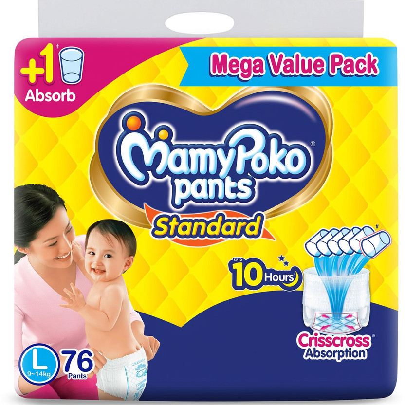 MamyPoko Pants Standard, 10hr Leakage Protection Pant Diapers - L(76 Pieces)