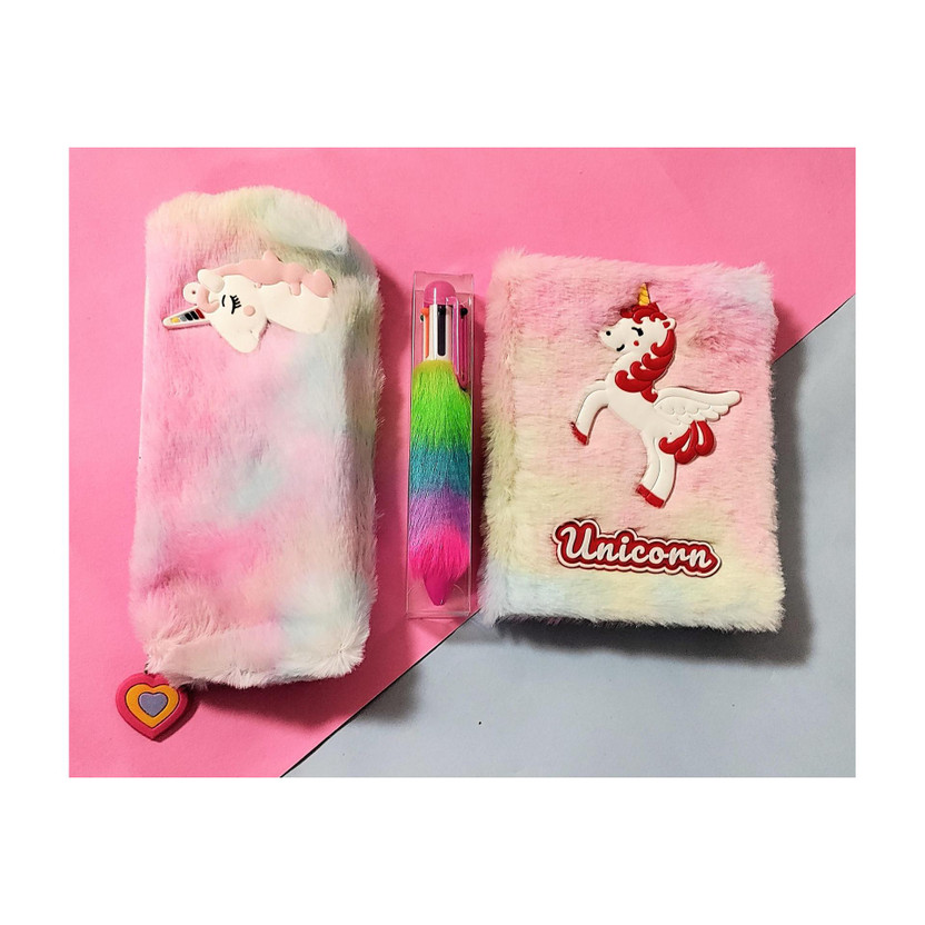 Preili's Unicorn Diary Notebook with Fur Pouch and Pen combo A5 Diary Ruled 200 Pages(Multicolor, Pack of 3)