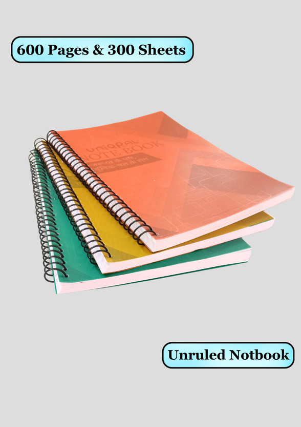 UNIQPAL Set of 3 A4 Notebook Spiral Plain 600 Pages, Each notebook 200 Pages(Multicolor, Pack of 3)