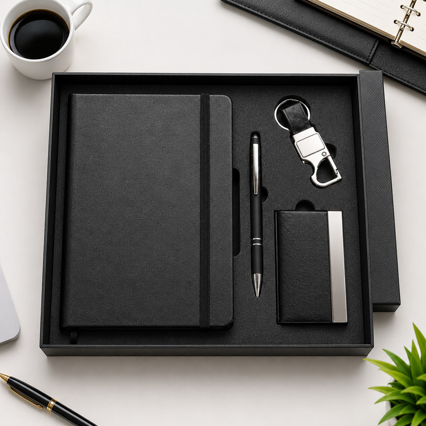 DURGAM Premium Corporate Gift Set with Diary, Pen, Card Holder & Keychain A5 Gift Set Rulled 200 Pages(Black 1)