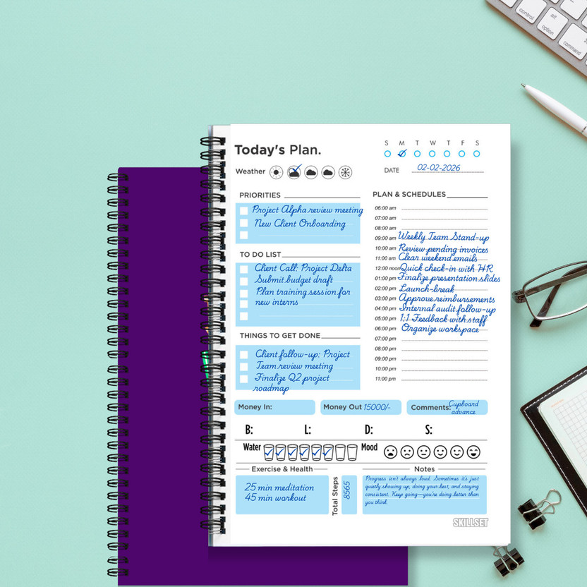 SKILLSET Daily Planner 192 Pages for Work Productivity, Goals & Habit Tracking A5 Planner RULING 192 Pages(Multicolor)