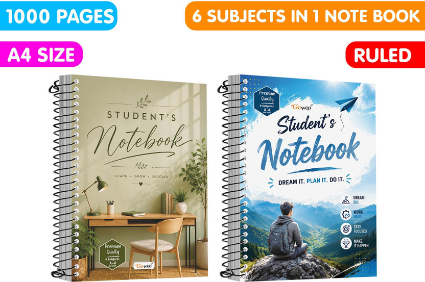 GO WOO A4 Size Writing Spiral Notebook || Set of 2 || 2x500 Pages Each Notebook A4 Notebook Ruled 1000 Pages(Multicolor, Pack of 2)