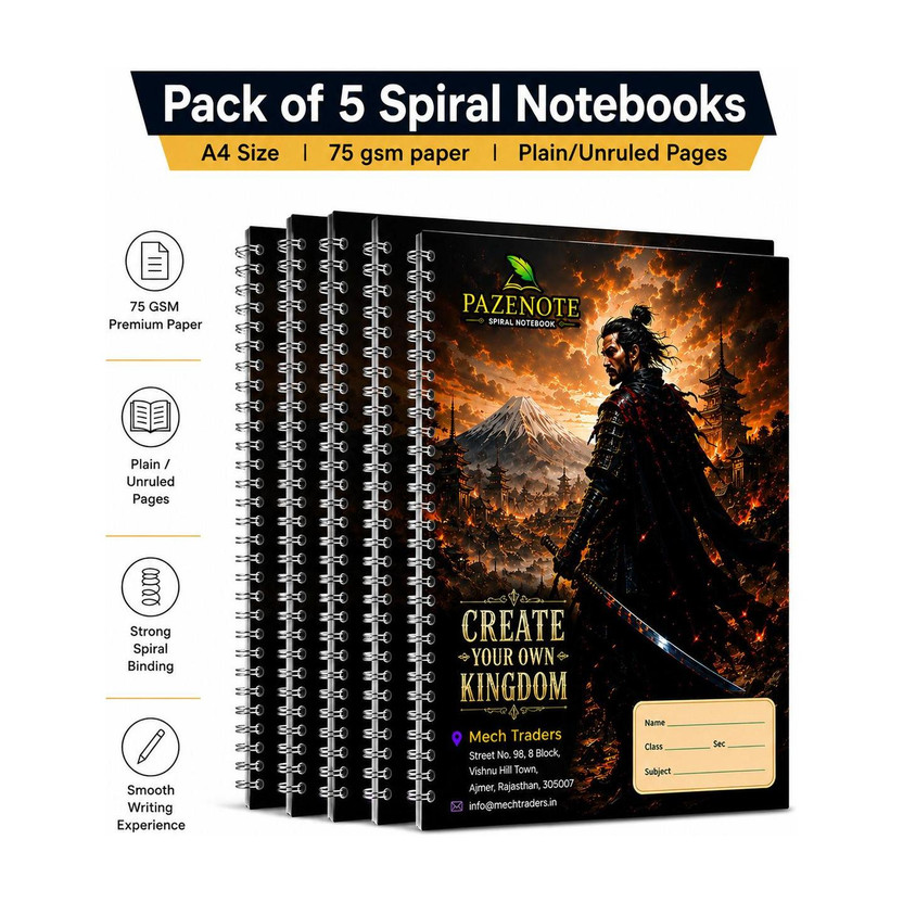 pazenote Spiral Notebook A4 Notebook UNRULED/PLAIN 200 Pages(Multicolor, Pack of 5)