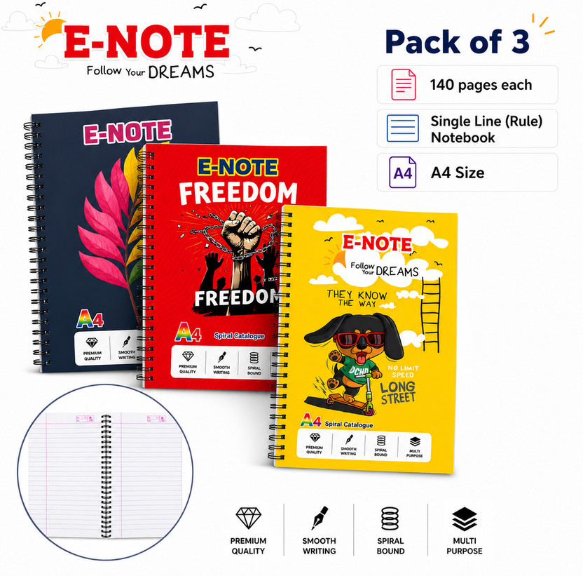 Enote Sprial Ruled note book A4 Notebook Ruled 140 Pages(Multicolor, Pack of 3)