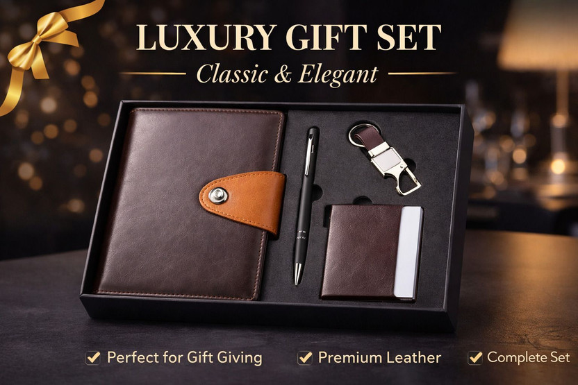 DURGAM 4 in 1 Corporate Gift Set A5 Notebook with Pen, Keychain & Card Holder A5 Gift Set Ruled 200 Pages(Dark Brown)