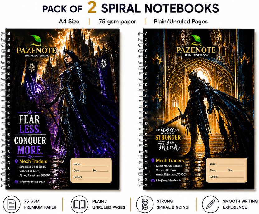 pazenote Spiral Notebook A4 Notebook UNRULED/PLAIN 200 Pages(Multicolor, Pack of 2)