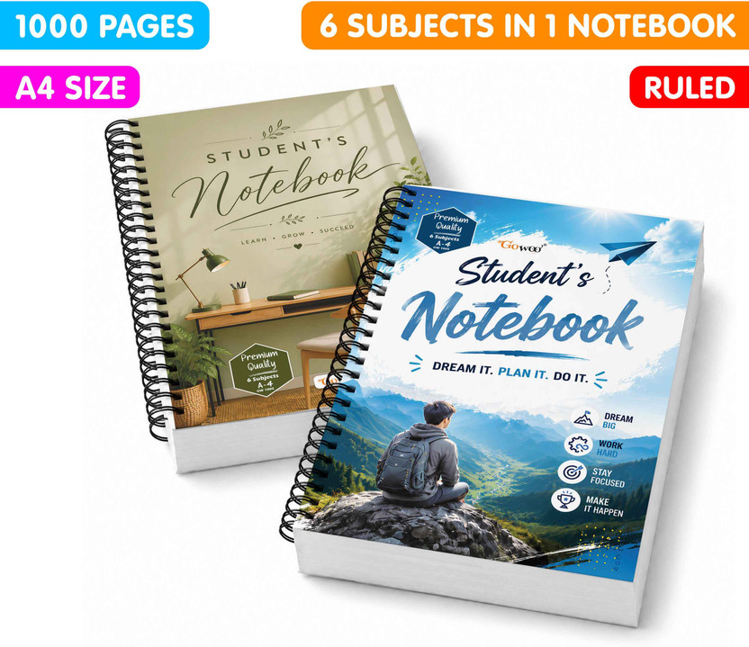 GO WOO A4 Size Lined Spiral Notebook || Set of 2 || 2x400 Pages Each Notebook A4 Notebook Ruled 1000 Pages(Multicolor, Pack of 2)