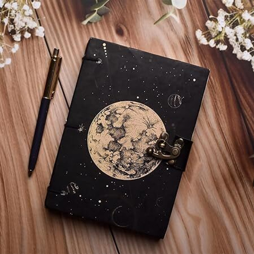 Al Zohra Handicraft Vintage Moon Journal with Lock A5 Diary UNRULED 200 Pages(Black)