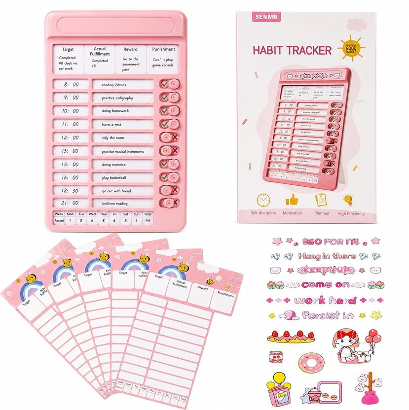 SUNHET Habit Tracker Kids Chore Chart, Plastic Checklist Board with 15 Detachable Sheet Regular Planner Unruled 15 Pages(Pink, Pack of 4)