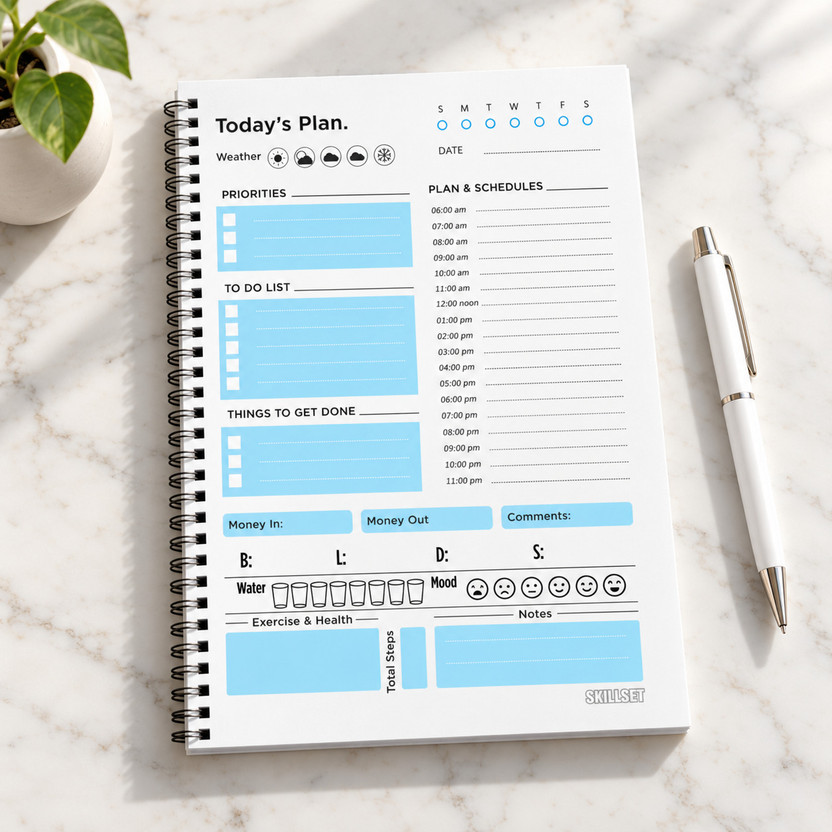SKILLSET Daily Planner Notebook – To-Do List, Schedule, Priorities, Health & Notes A5 Planner/Organizer RULING 160 Pages(Green)